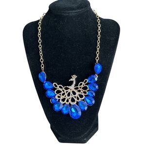 Peacock Statement Necklace Blue Faceted Crystal Gold Tone Bib Fashion Jewelry
